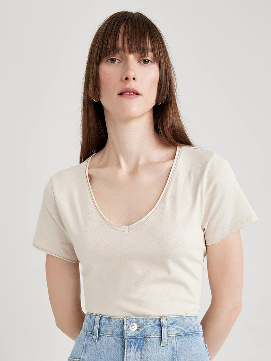 

DeFacto V-Neck Pure Cotton Casual T-shirt, Beige