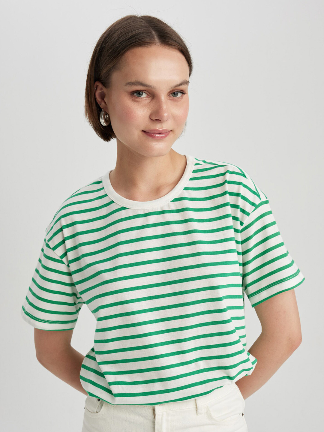 

DeFacto Striped Pure Cotton Casual T-shirt, Green