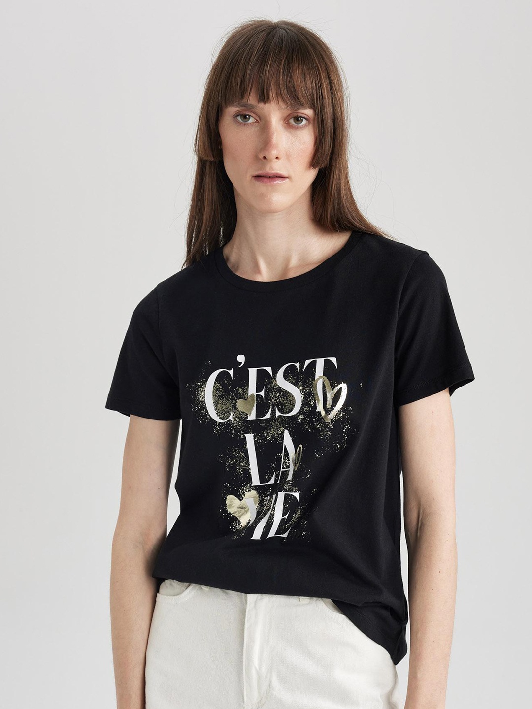 

DeFacto Typography Printed Pure Cotton T-shirt, Black