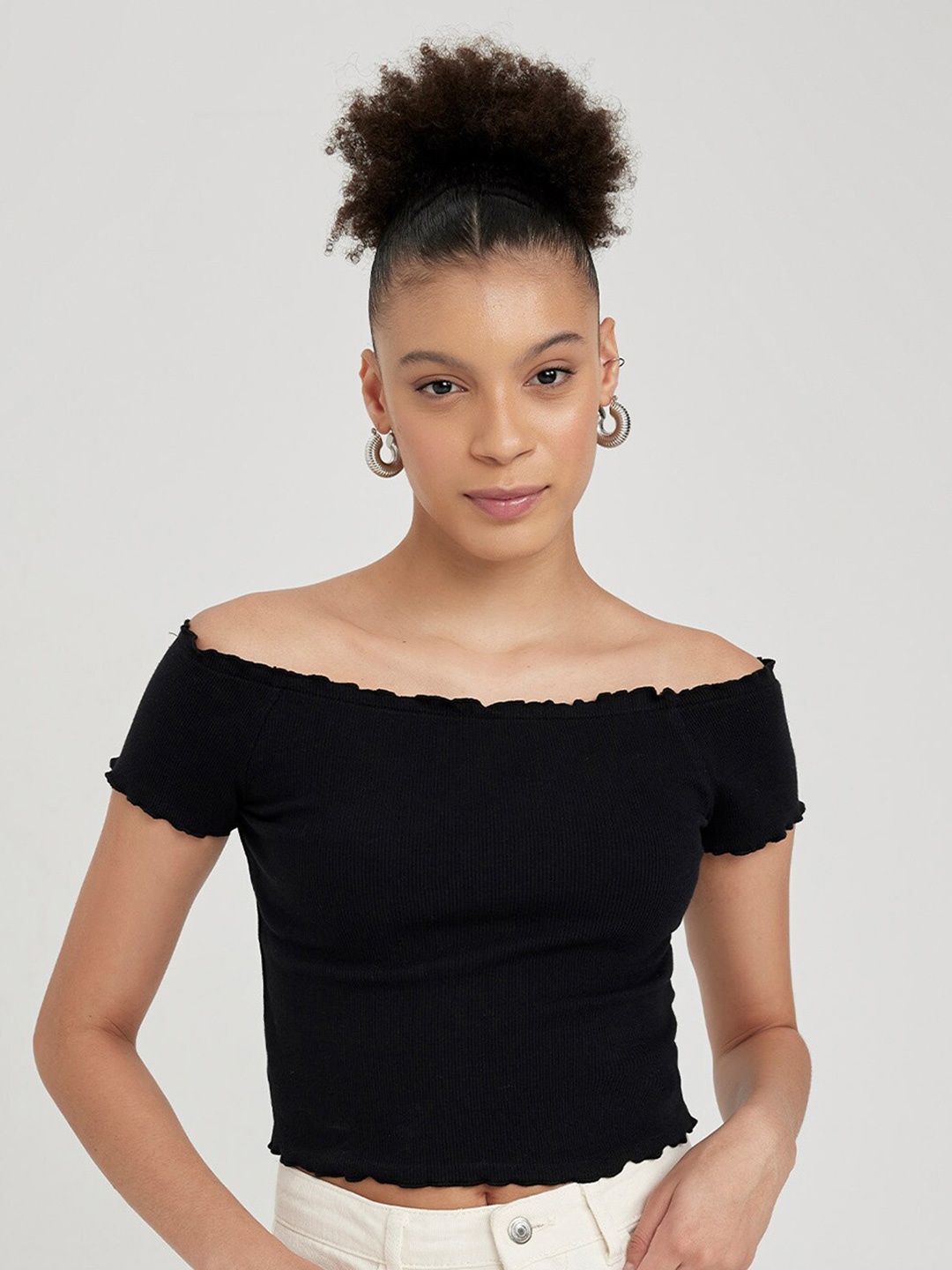 

DeFacto Off-Shoulder Bardot Cotton Crop Top, Black