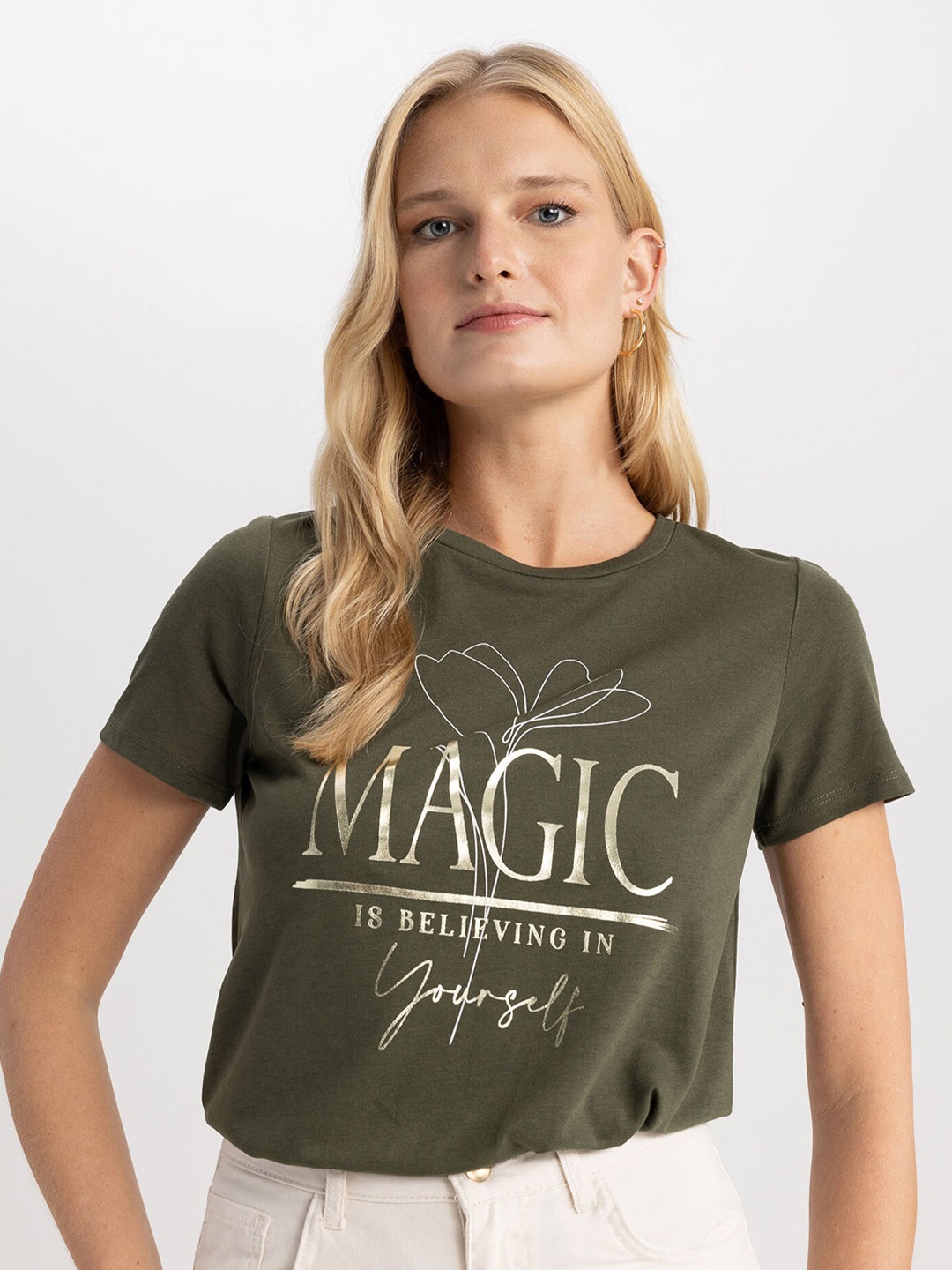 

DeFacto Typography Printed Round Neck T-shirt, Green