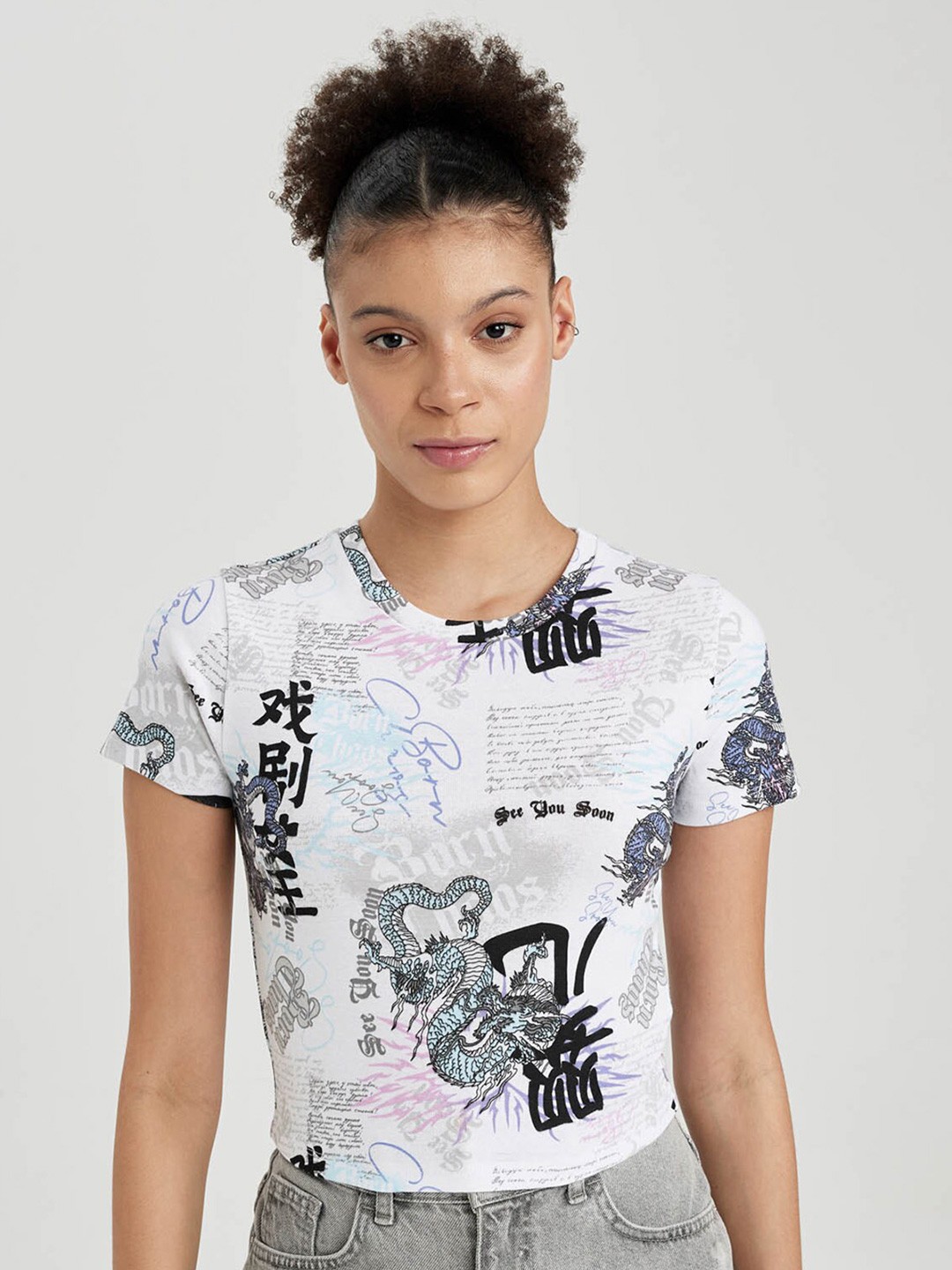 

DeFacto Typography Printed Cotton Crop T-Shirt, White