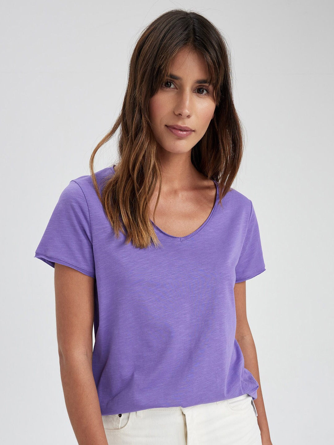 

DeFacto Scoop Neck Cotton T-Shirt, Purple