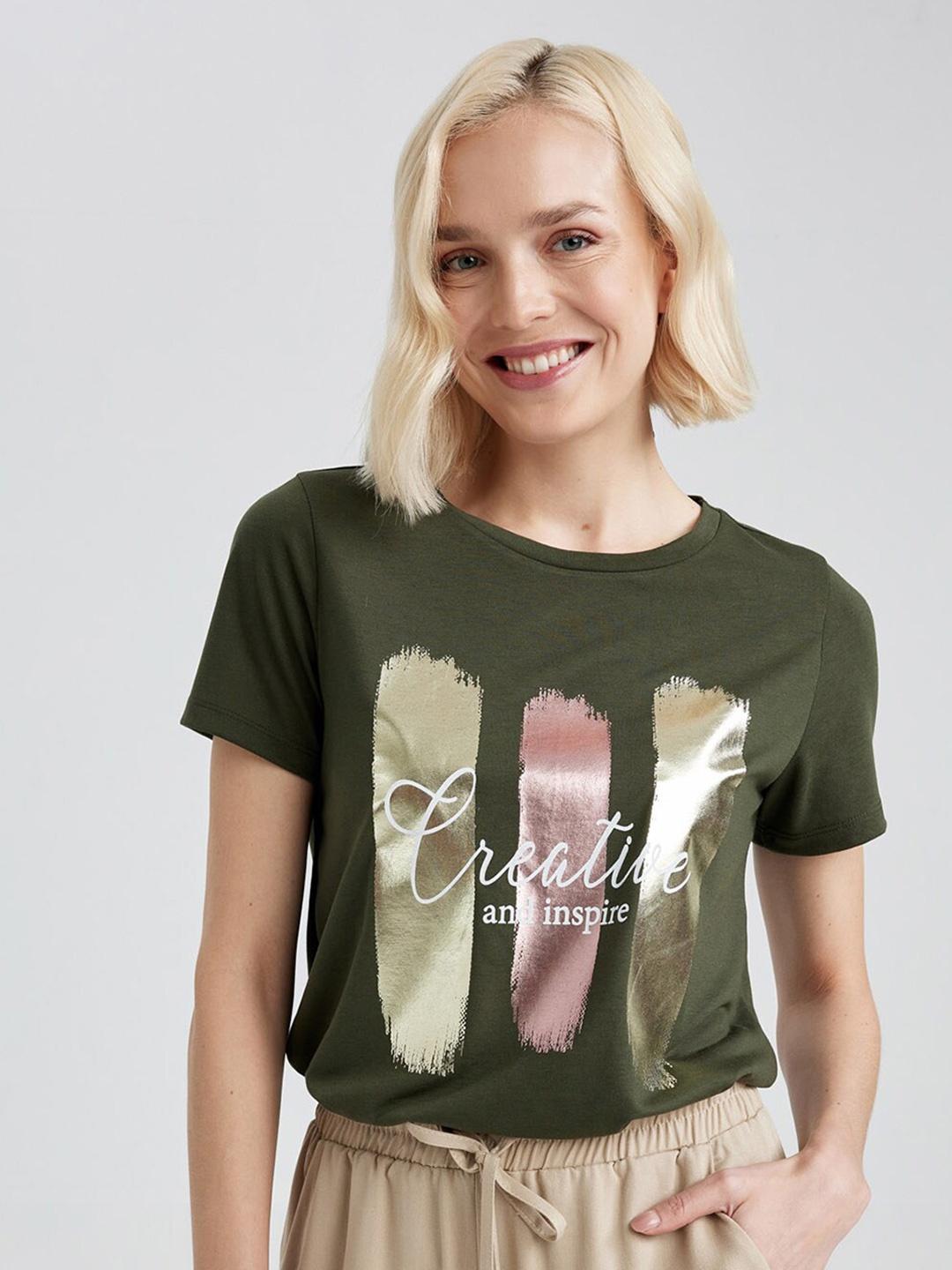 

DeFacto Graphic Printed Casual T-Shirt, Green