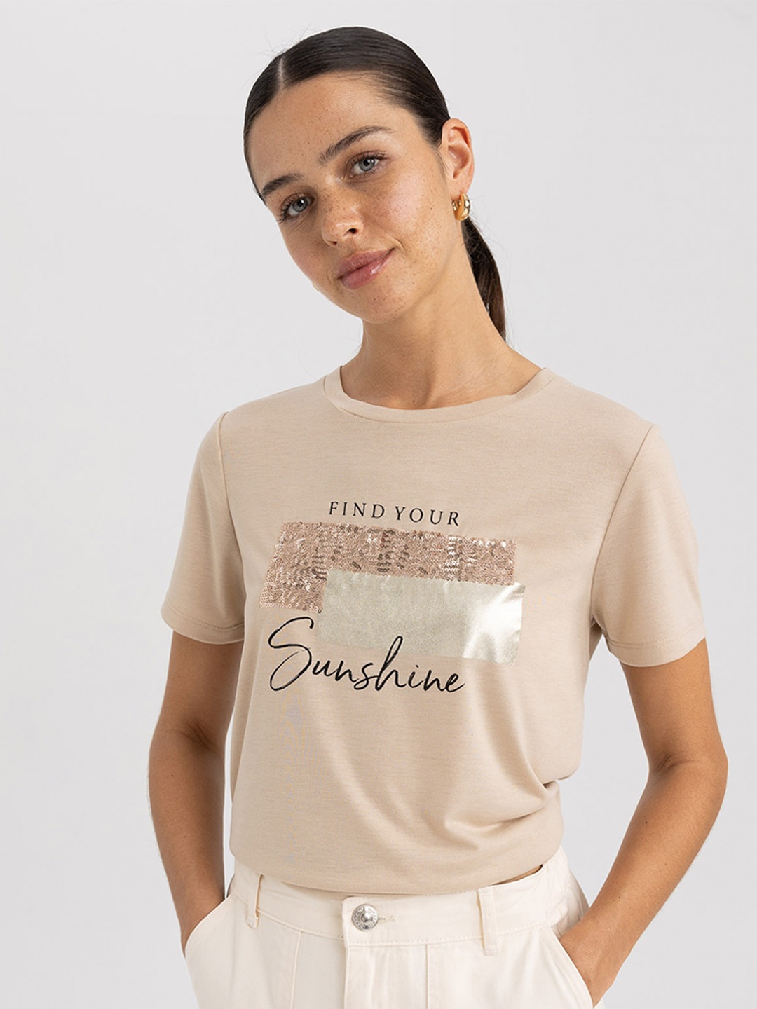 

DeFacto Typography Printed Round Neck T-shirt, Beige