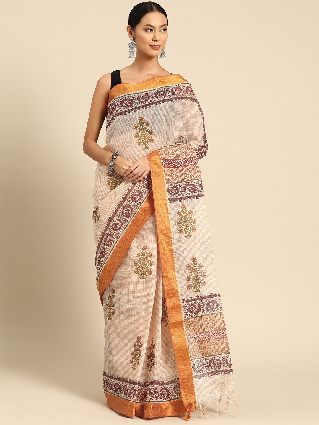 

ArtEastri Floral Printed Pure Cotton Taant Saree, Cream