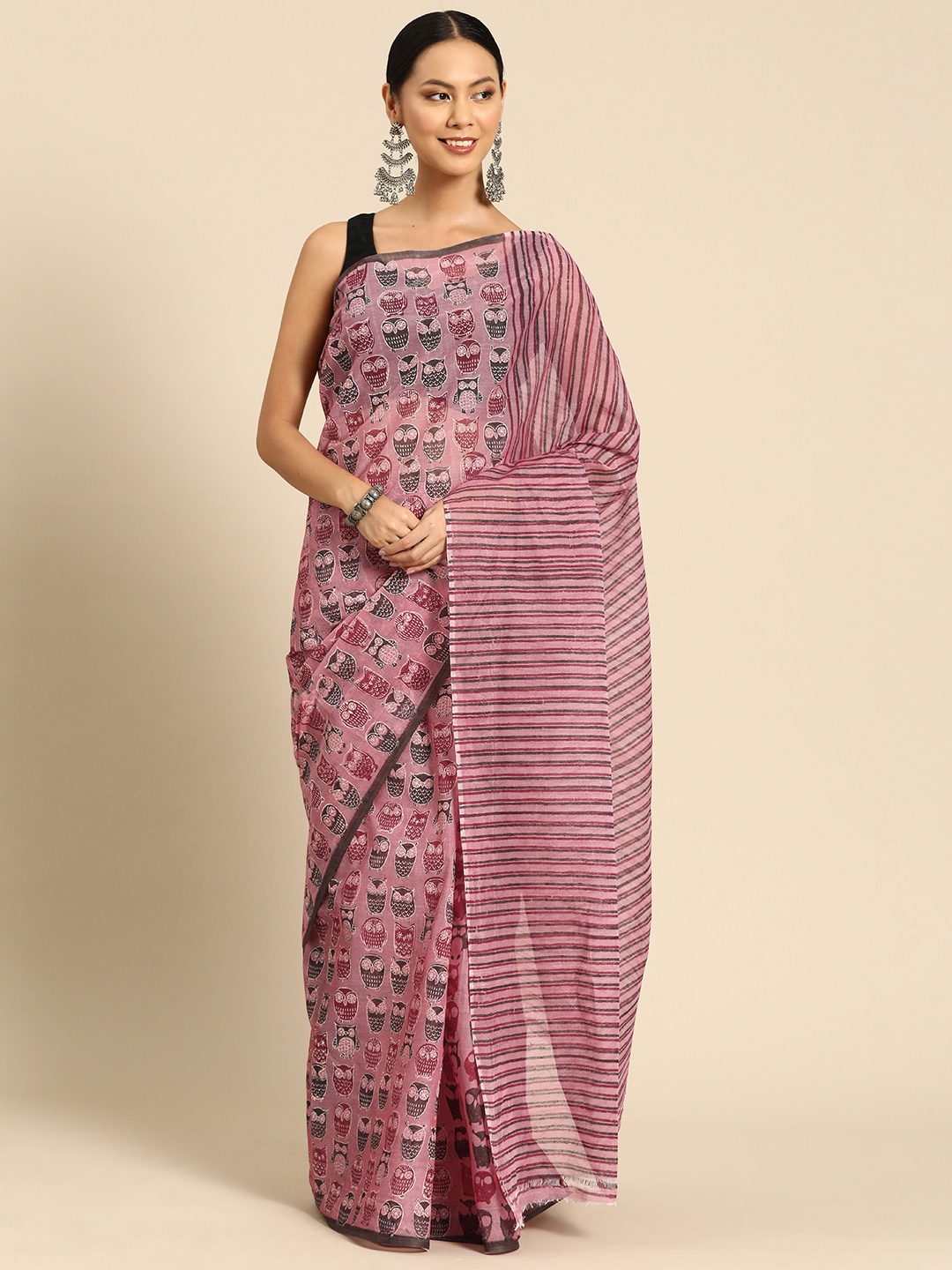 

ArtEastri Printed Pure Cotton Taant Saree, Pink
