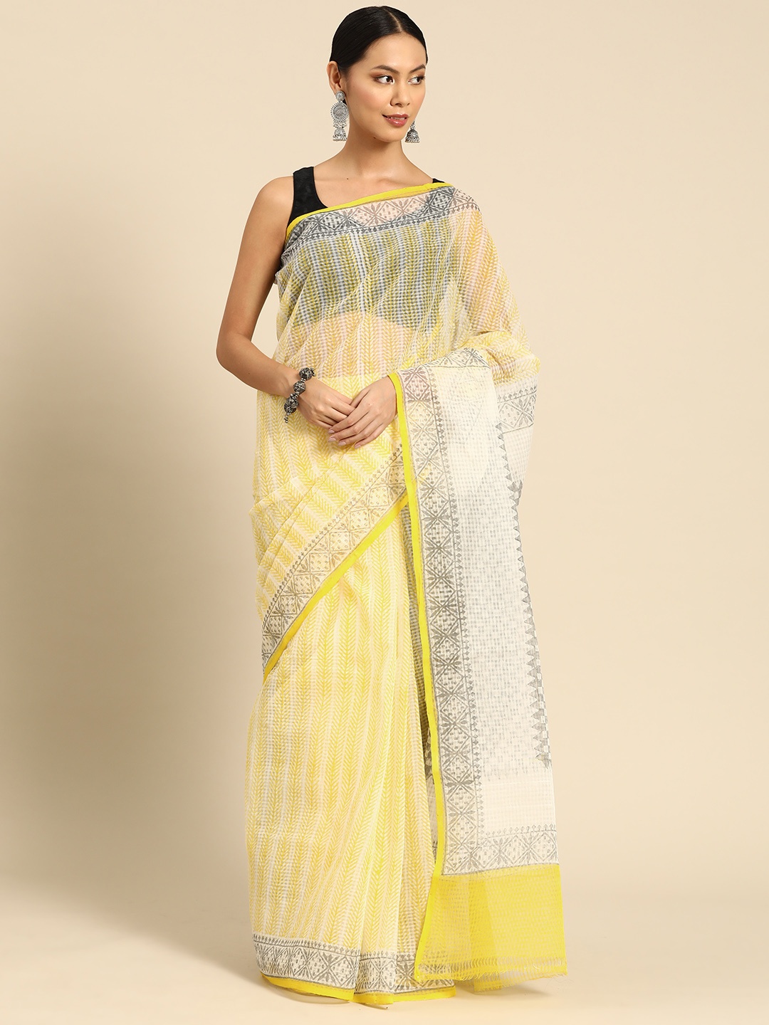 

ArtEastri Geometric Printed Kota Saree, Off white