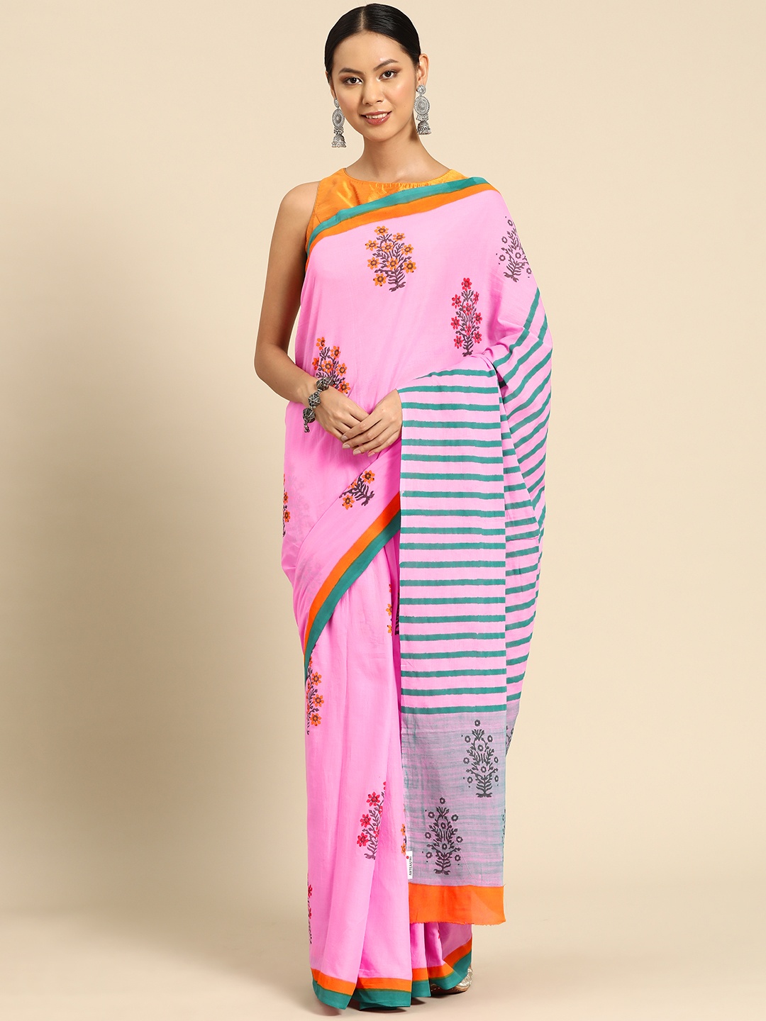 

ArtEastri Floral Printed Pure Cotton Taant Saree, Pink