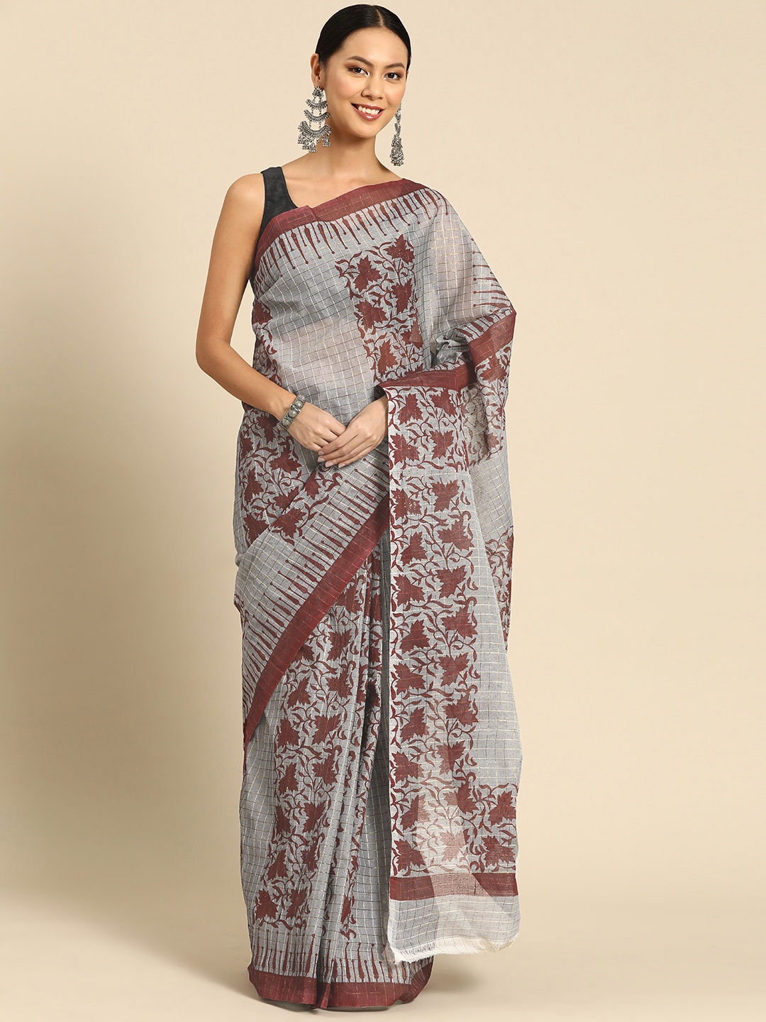 

ArtEastri Floral Printed Pure Cotton Taant Saree, Grey