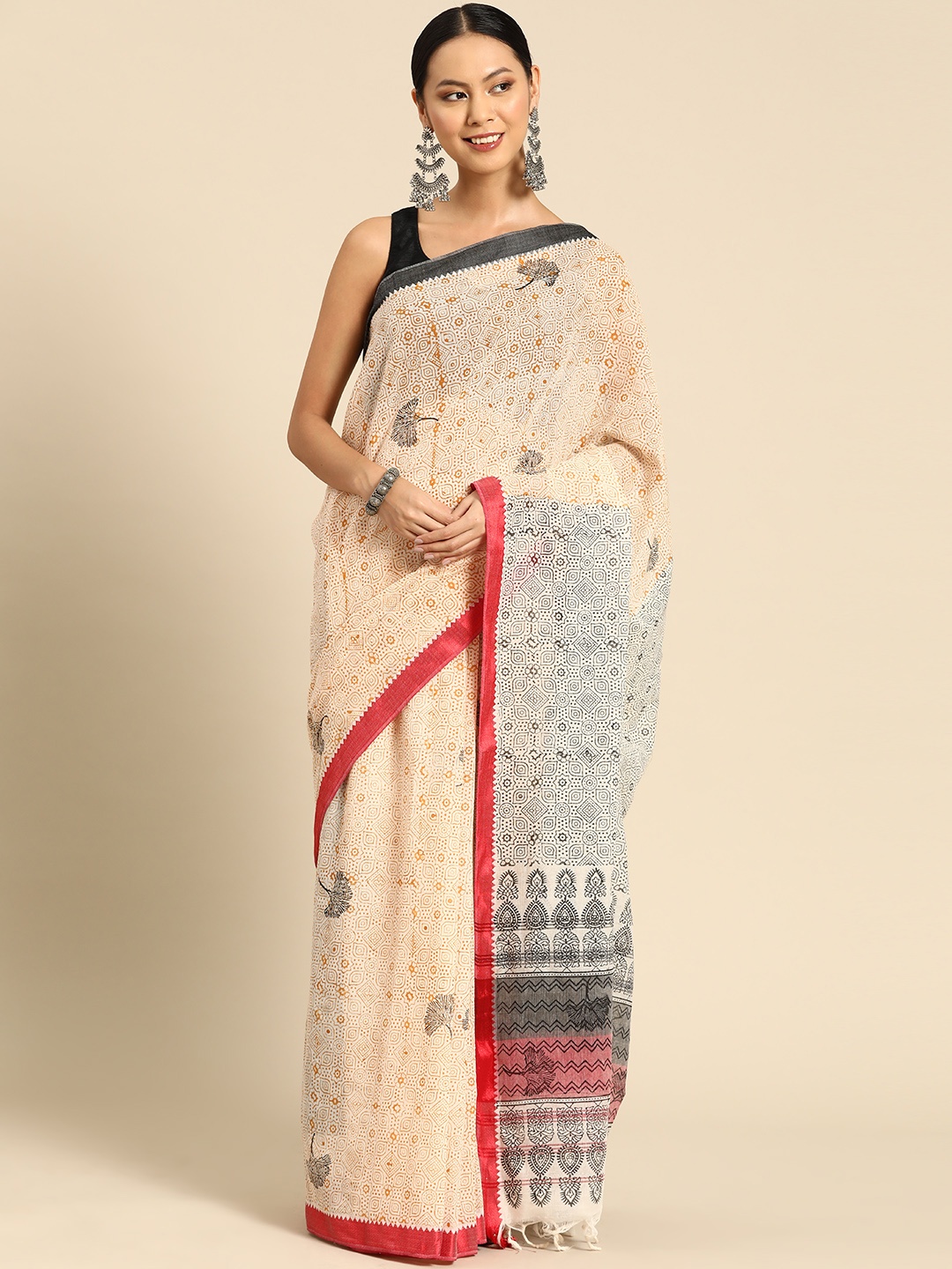 

ArtEastri Ethnic Motifs Printed Pure Cotton Taant Saree, Cream