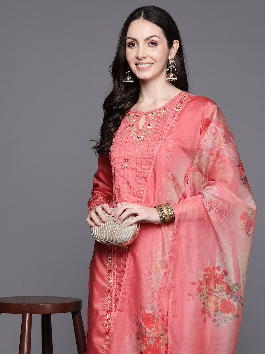

Indo Era Women Floral Embroidered Panelled Thread Work Kurta with Trousers & With Dupatta, Orange