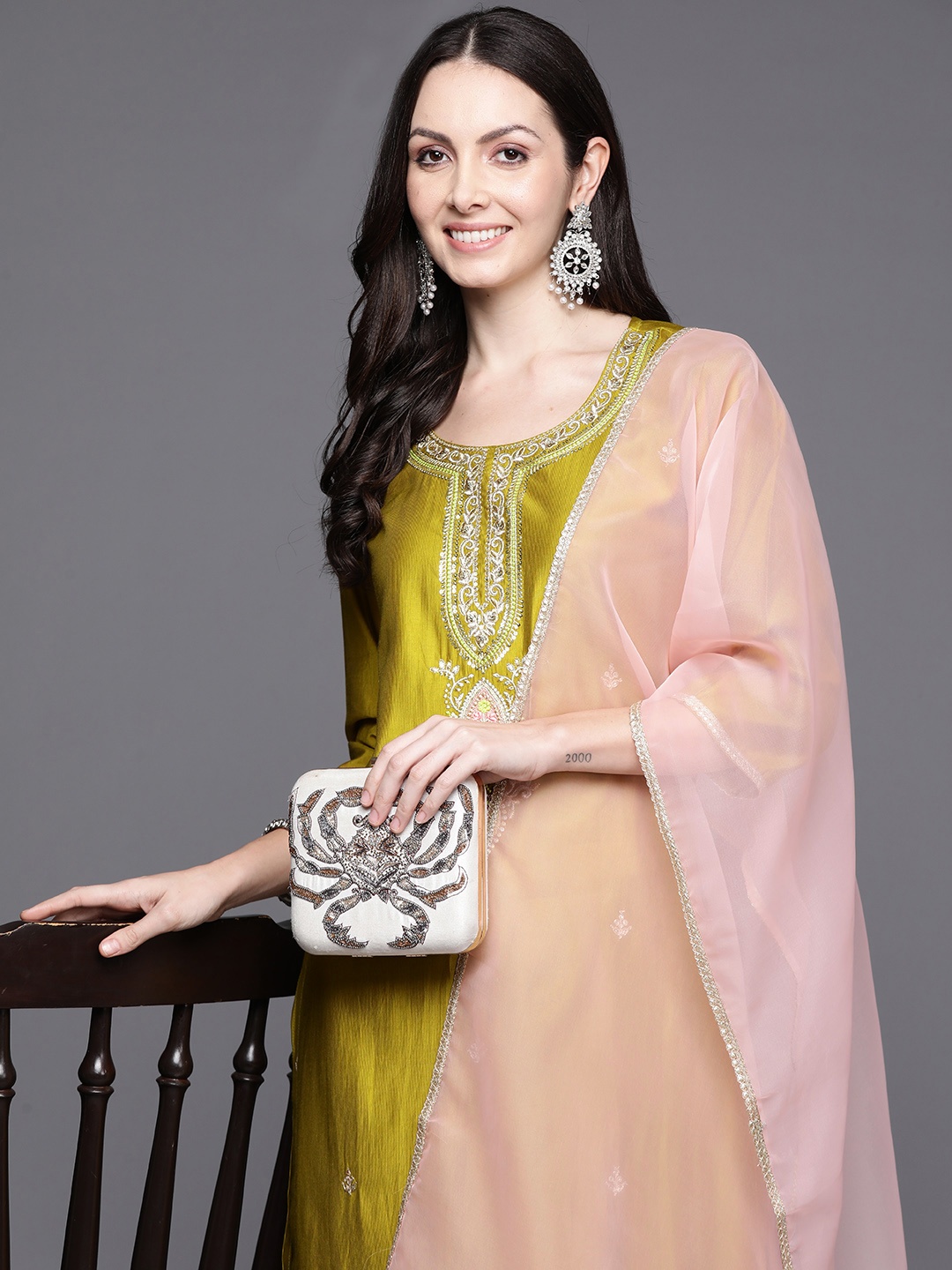 

Indo Era Women Ethnic Motifs Embroidered Regular Liva Kurta with Trousers & With Dupatta, Olive