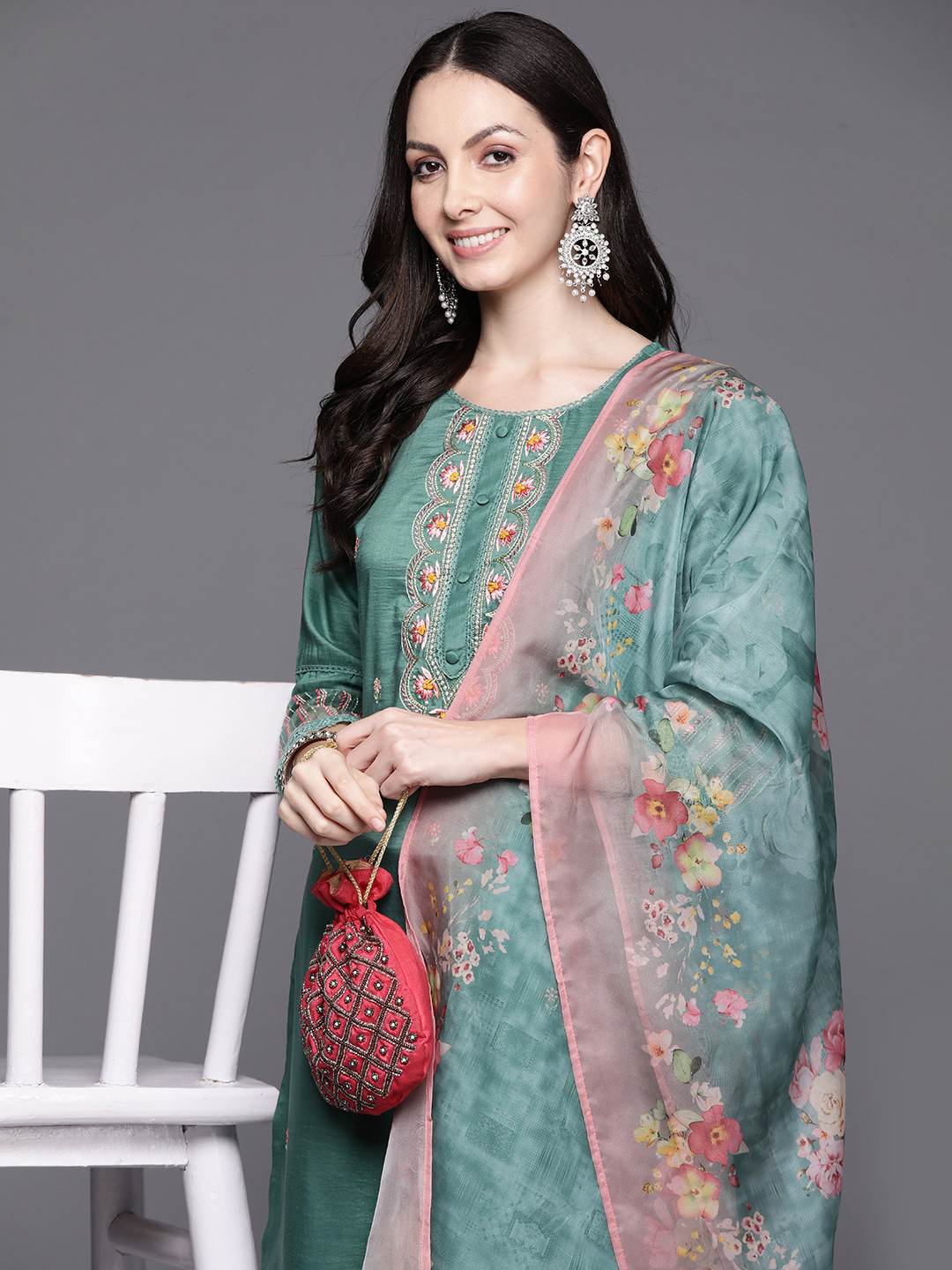 

Indo Era Women Floral Embroidered Regular Thread Work Kurta with Trousers & With Dupatta, Sea green
