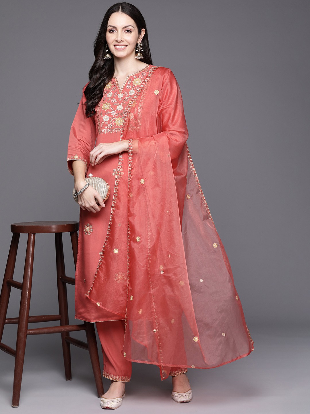 

Indo Era Women Floral Embroidered Regular Sequinned Kurta with Trousers & With Dupatta, Orange