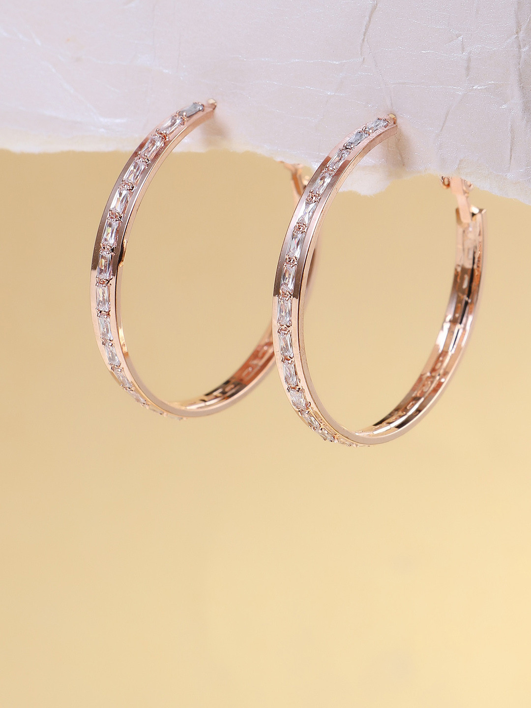 

Adwitiya Collection Rose Gold-Plated Classic Stone Studded Hoop Earrings