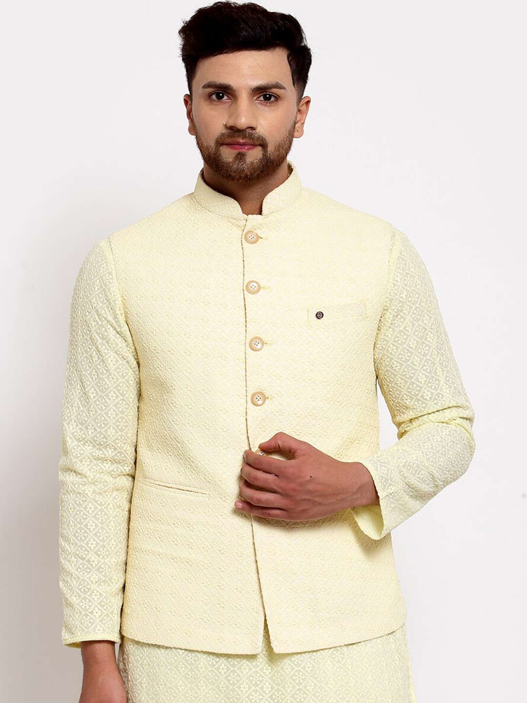 

MOHANLAL SONS Mandarin Collar Woven Georgette Slim-Fit Nehru Jacket, Yellow