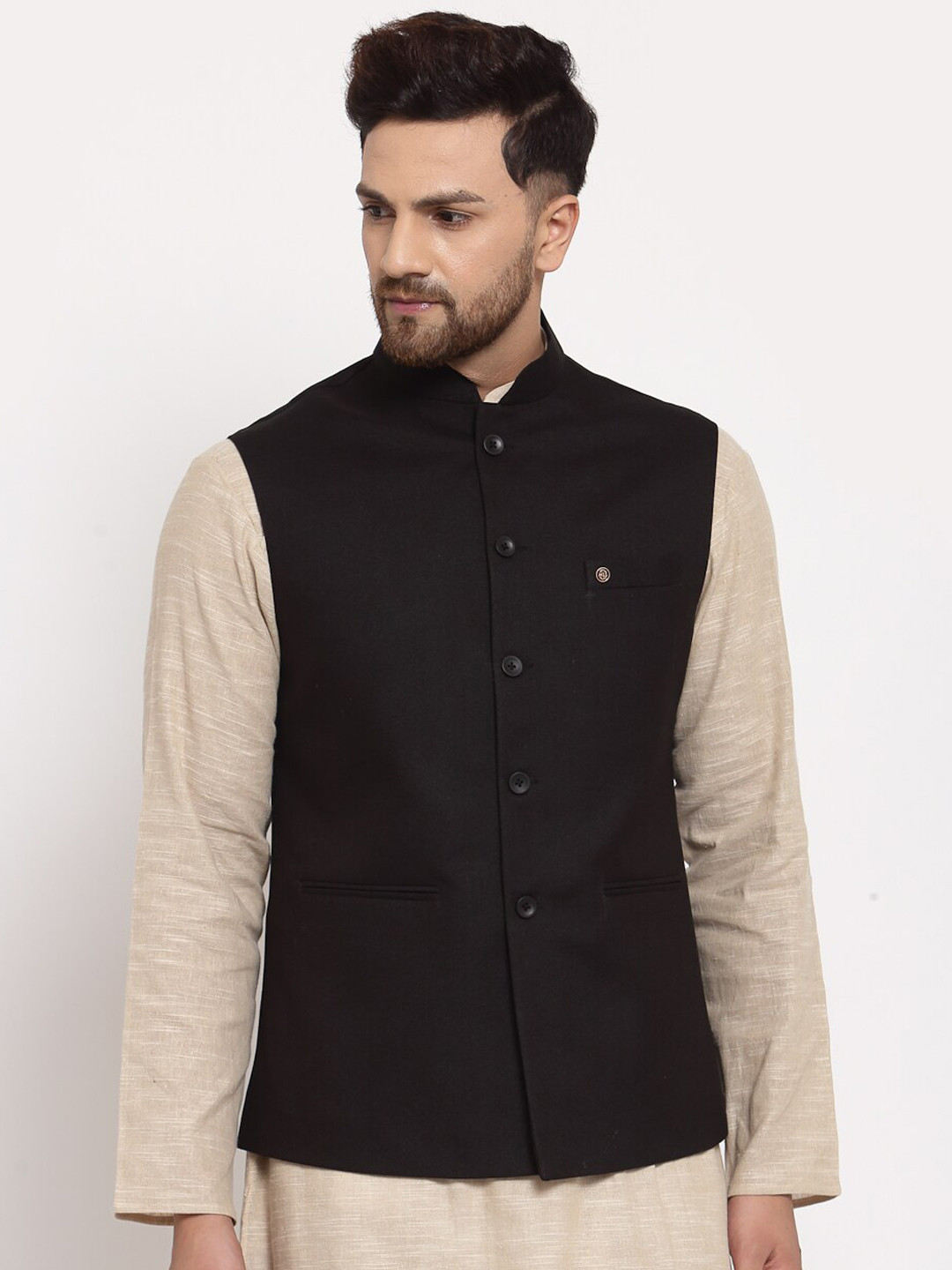 

MOHANLAL SONS Mandarin Collar Woven Georgette Slim-Fit Nehru Jacket, Black
