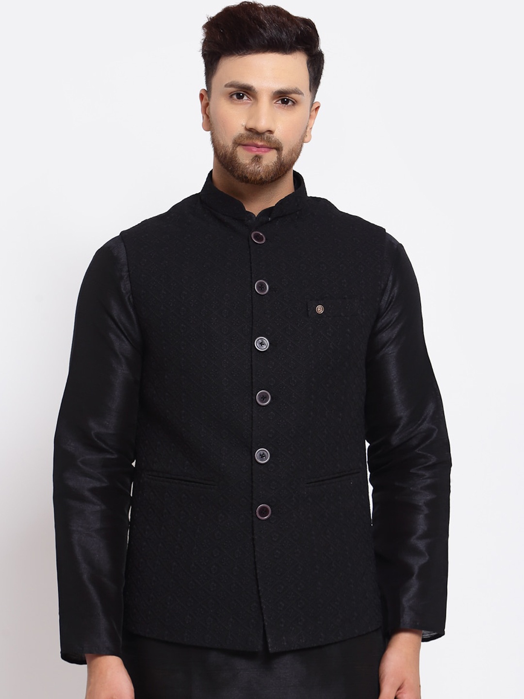 

MOHANLAL SONS Mandarin Collar Floral Pattern Woven Georgette Slim-Fit Nehru Jacket, Black