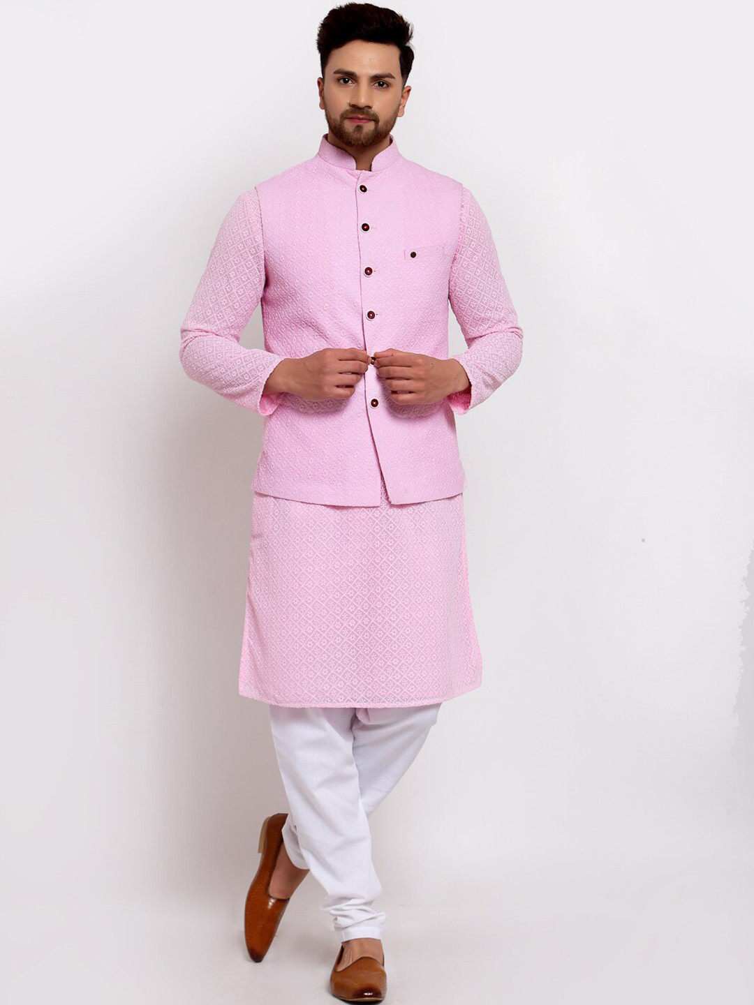 

MOHANLAL SONS Mandarin Collar Woven Ethnic Pattern Georgette Slim-Fit Nehru Jacket, Pink