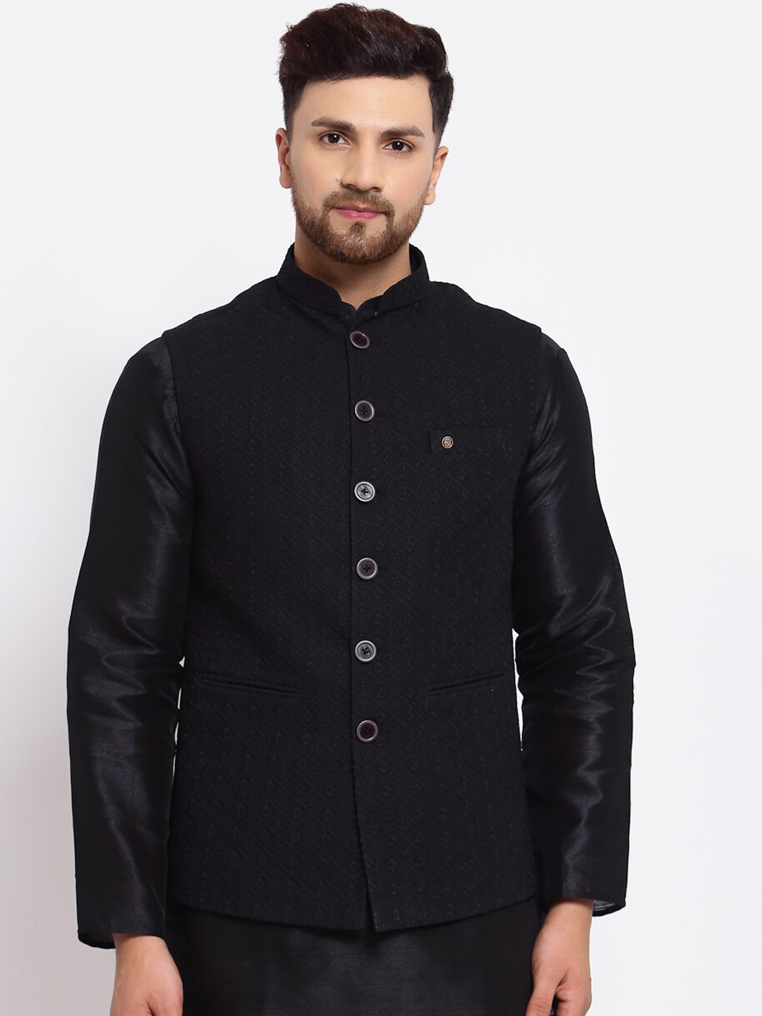 

MOHANLAL SONS Woven Slim-Fit Nehru Jacket, Black