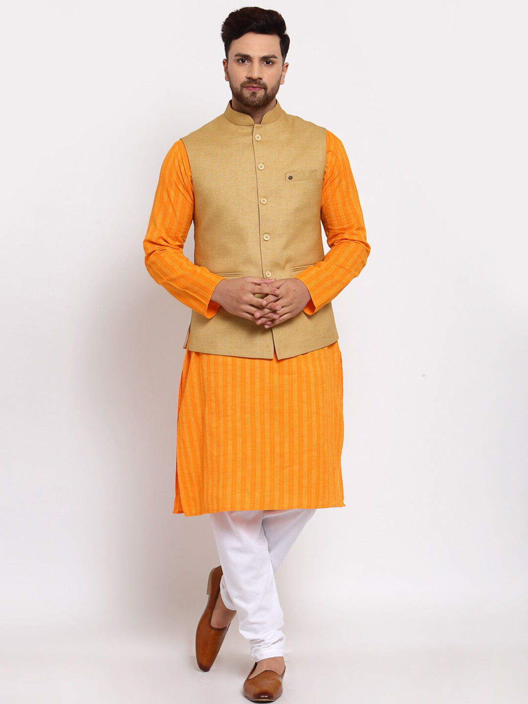 

MOHANLAL SONS Mandarin Collar Woven Slim-Fit Nehru Jacket, Khaki