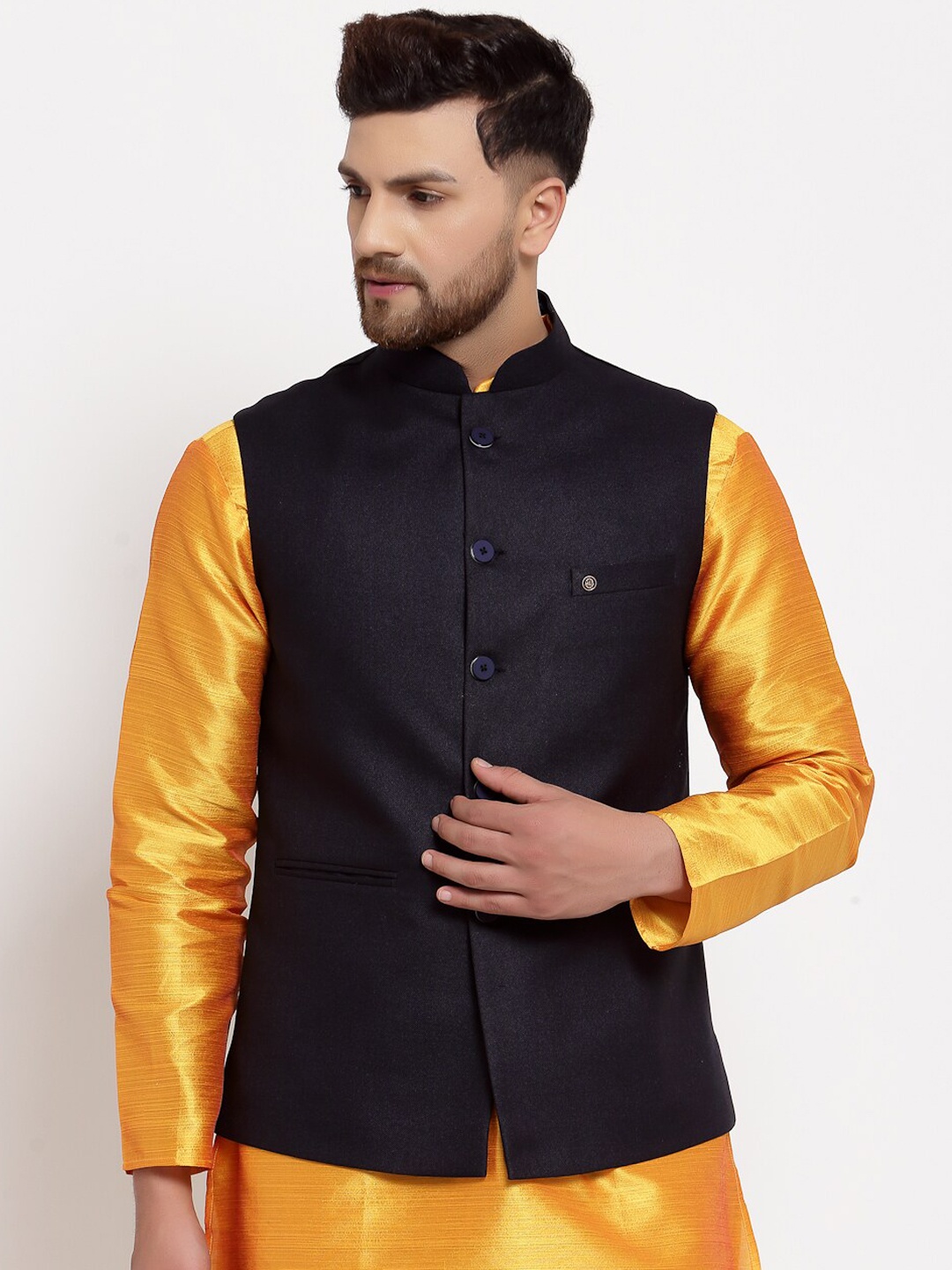 

MOHANLAL SONS Woven Slim-Fit Nehru Jacket, Navy blue
