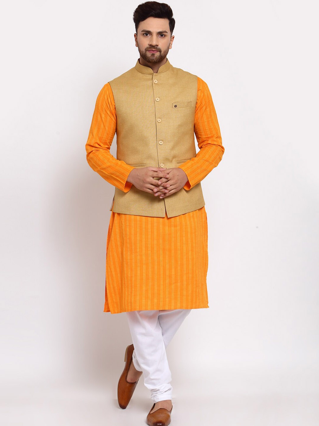 

MOHANLAL SONS Mandarin Collar Woven Slim-Fit Nehru Jacket, Khaki