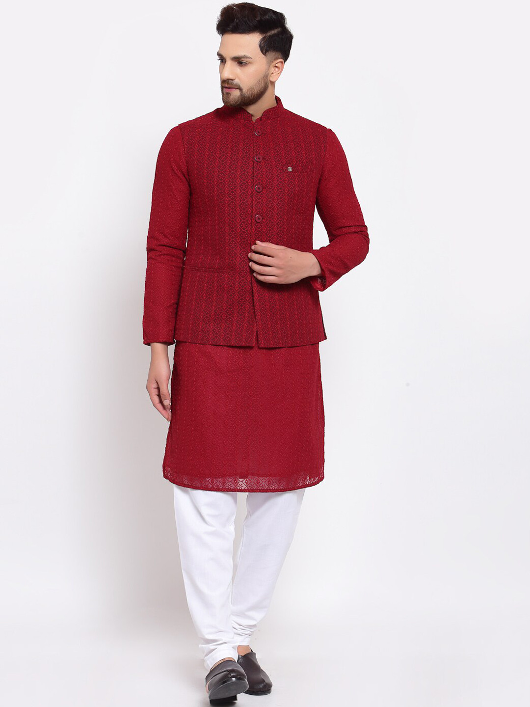 

MOHANLAL SONS Mandarin Collar Ethnic Pattern Woven Georgette Slim-Fit Nehru Jacket, Maroon