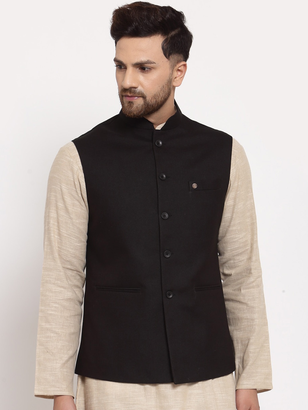

MOHANLAL SONS Mandarin Collar Woven Slim-Fit Nehru Jacket, Black
