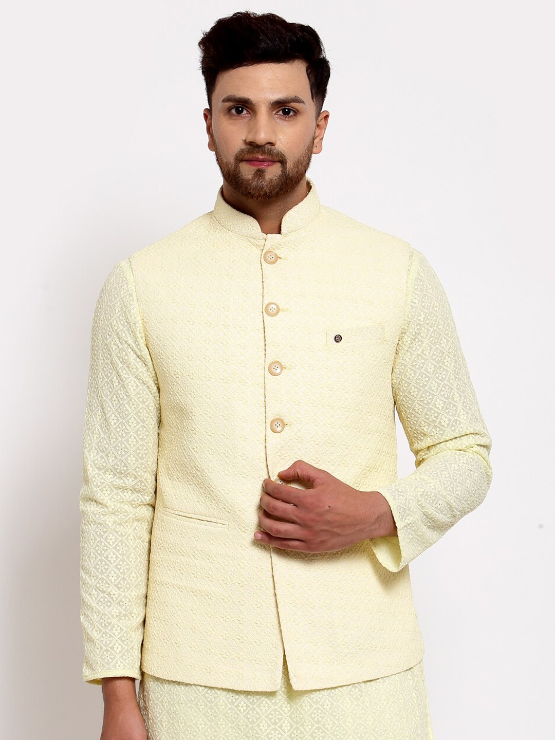 

MOHANLAL SONS Woven Floral Pattern Georgette Slim-Fit Nehru Jacket, Cream