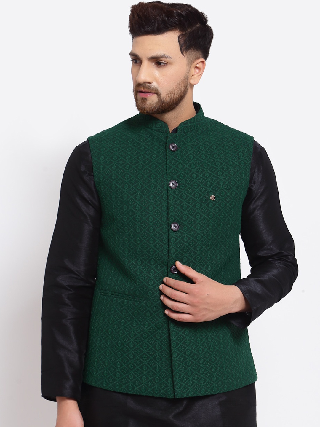 

MOHANLAL SONS Mandarin Collar Woven Floral Pattern Georgette Slim-Fit Nehru Jacket, Green