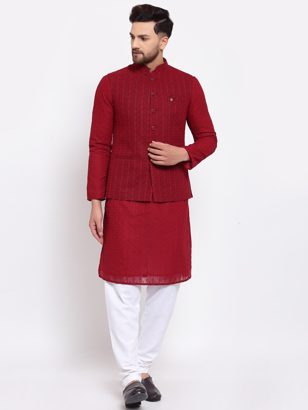 

MOHANLAL SONS Woven Slim-Fit Nehru Jacket, Maroon