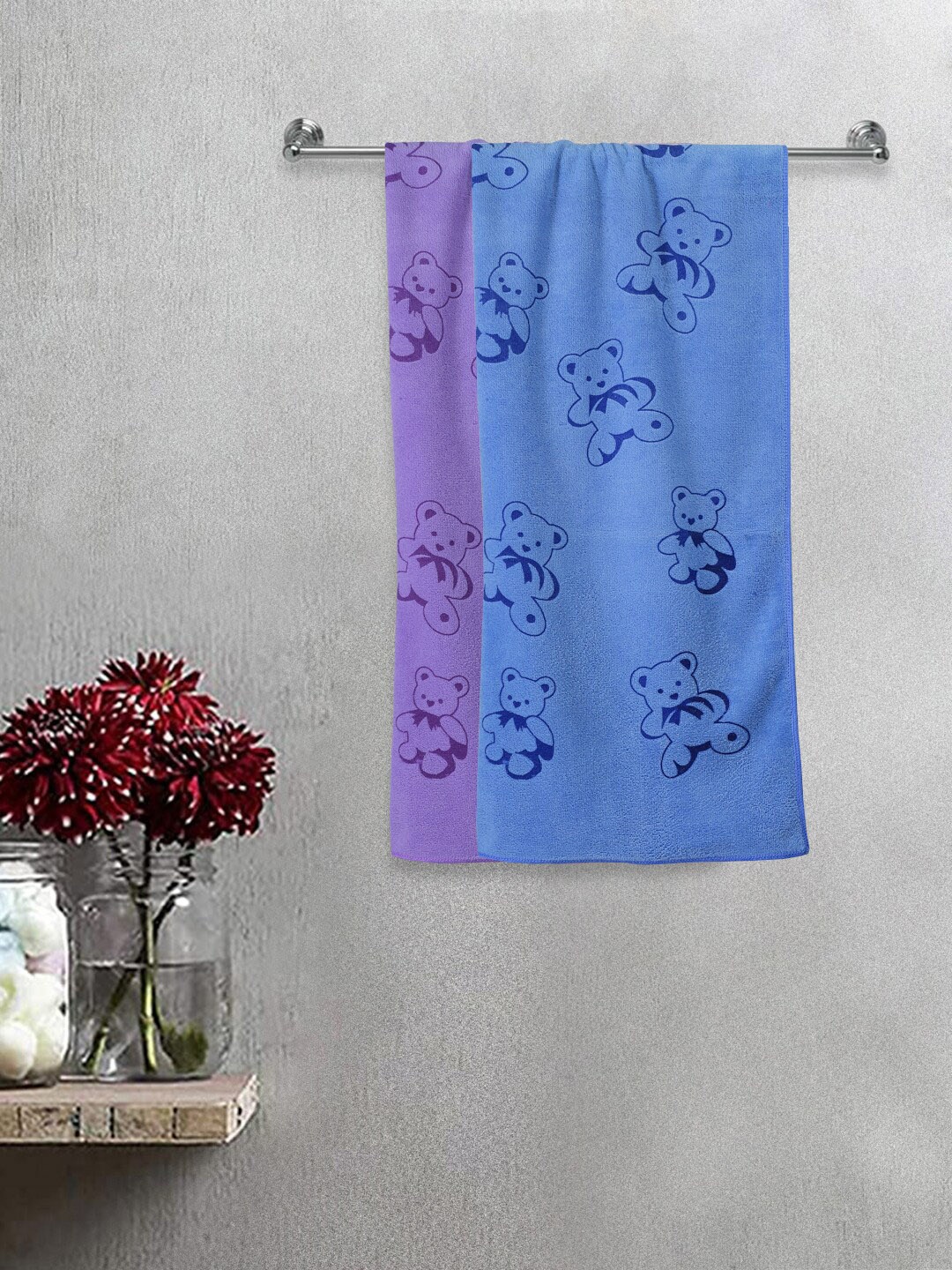 

FABINALIV Kids 2-Pcs Blue & Purple Printed 300 GSM Cotton Bath Towels