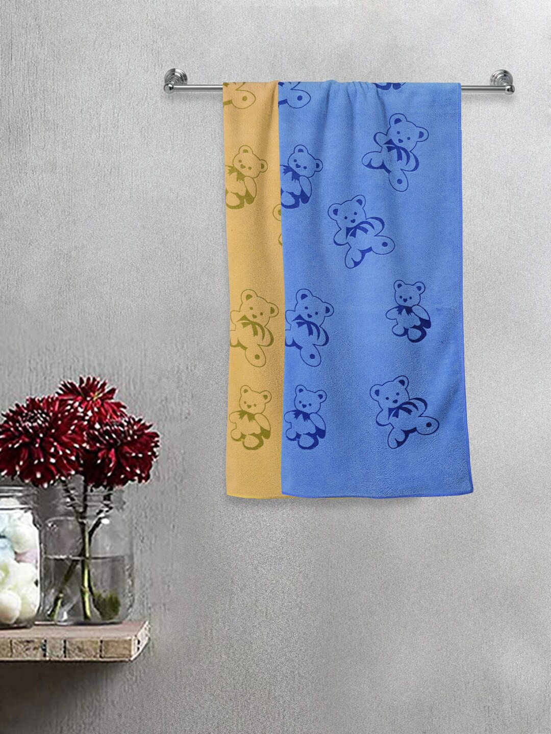 

FABINALIV Kids Blue & Beige 2 Pieces Cartoon Printed 300 GSM Cotton Bath Towel