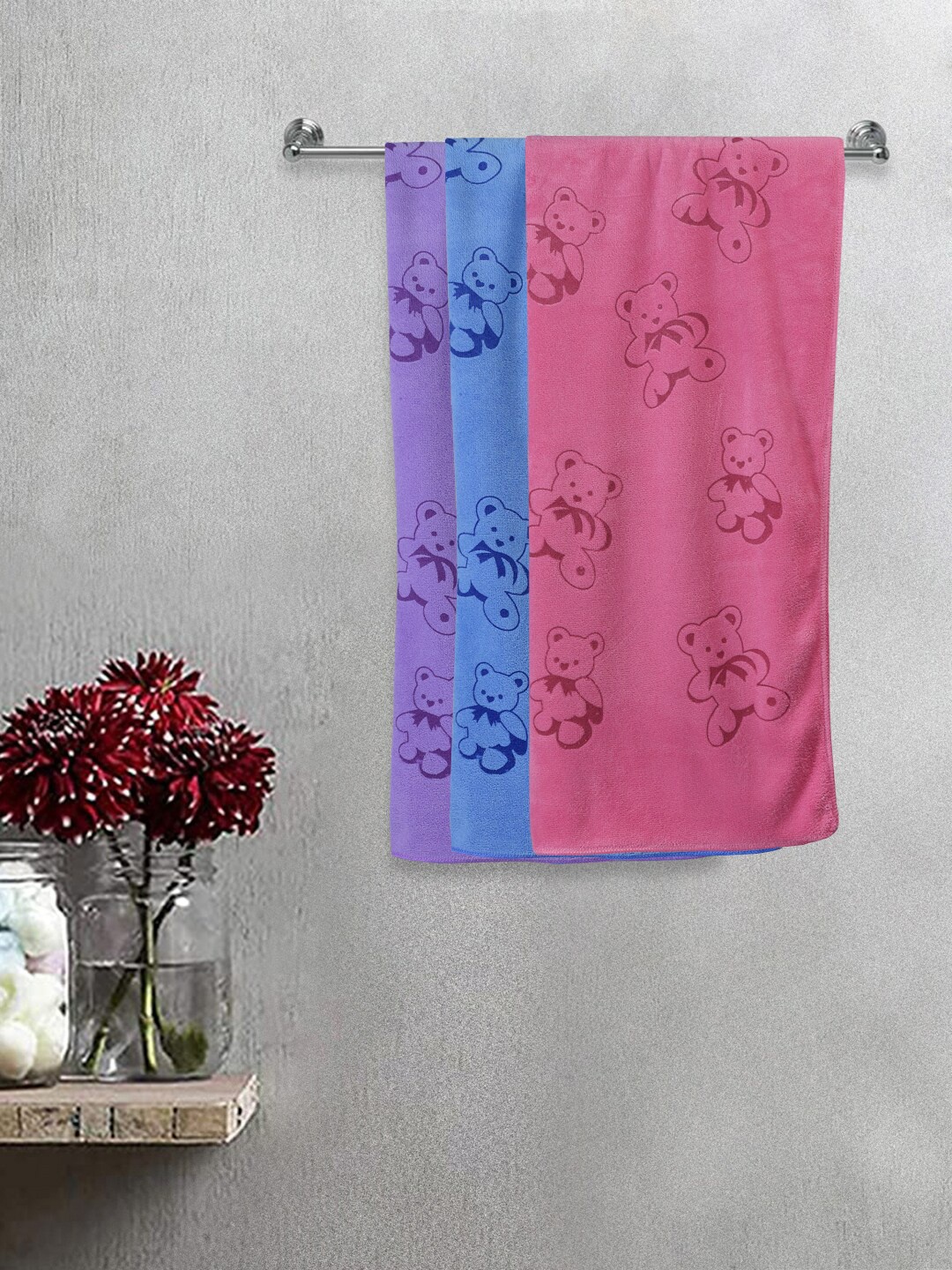 

FABINALIV Kids Blue & Pink 3 Pieces Printed 300 GSM Cotton Bath Towel