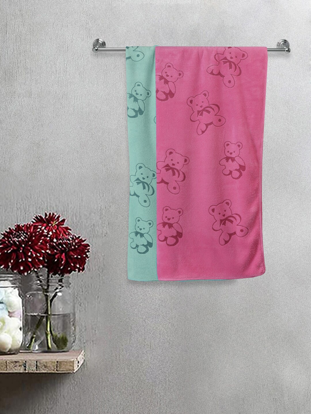 

FABINALIV Kids Pink & Green 2 Pieces Printed 300 GSM Cotton Bath Towel