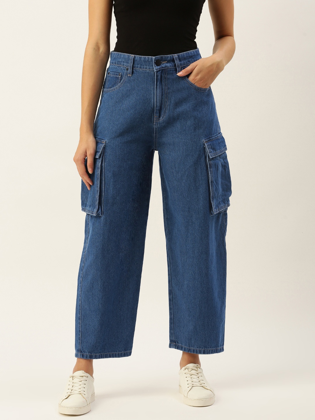 

Bene Kleed Women High-Rise Balloon Fit Cargo Jeans, Blue