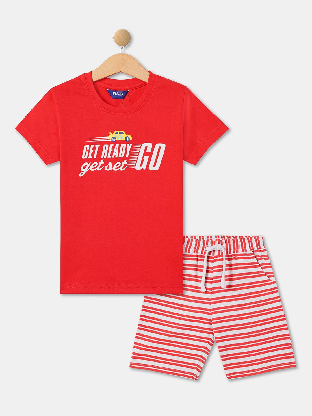 

R&B Boys Typography Printed Pure Cotton T-Shirt and Striped Shorts, Red