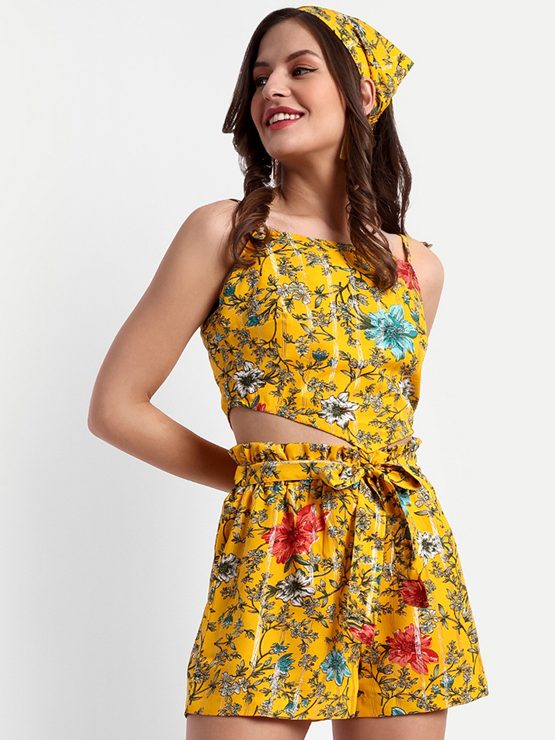 

ESSQUE Floral Printed Top & Shorts With Matching Hairband, Yellow