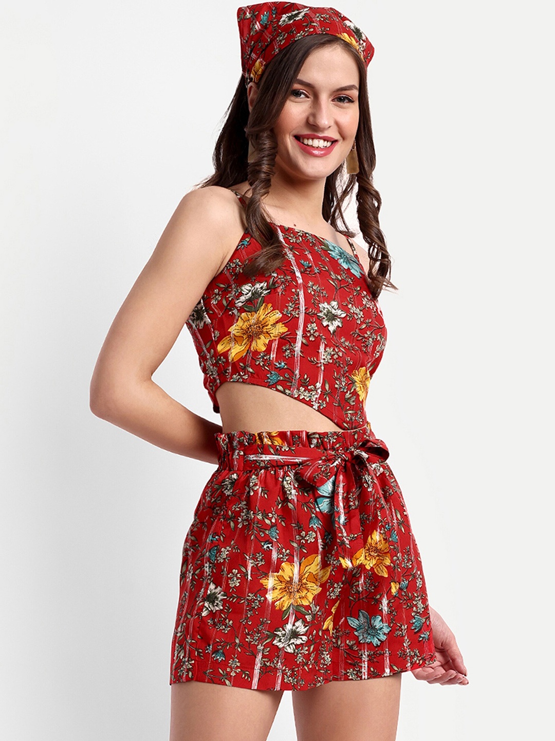 

ESSQUE Floral Printed Top & Shorts With Matching Hairband, Red