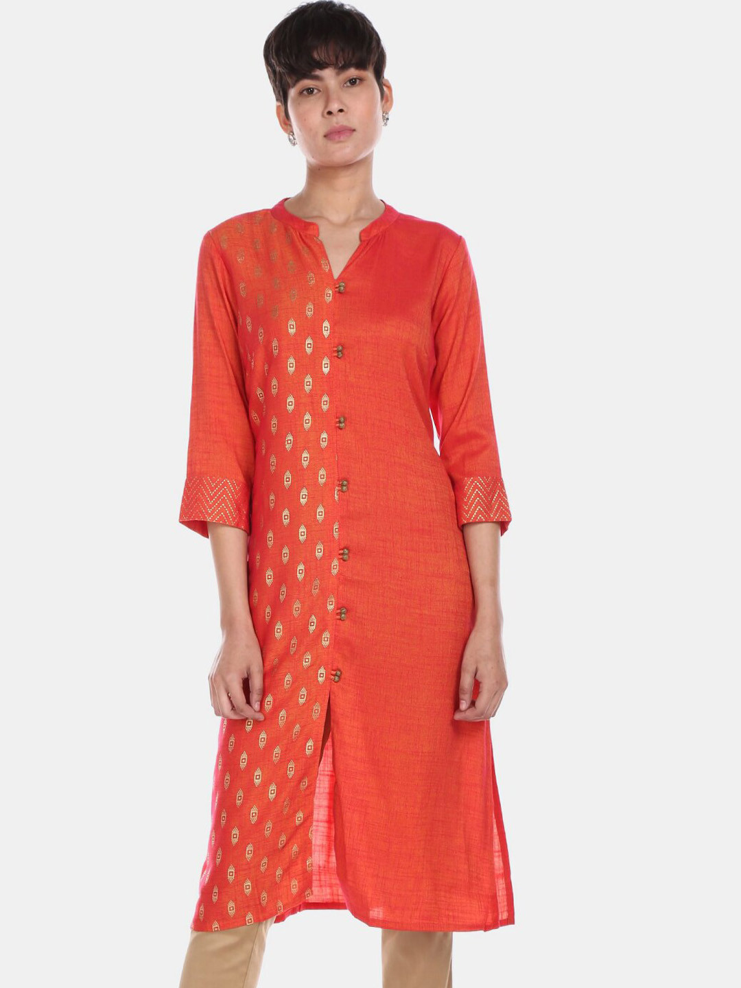 

V-Mart Printed Mandarin Collar Kurta, Orange