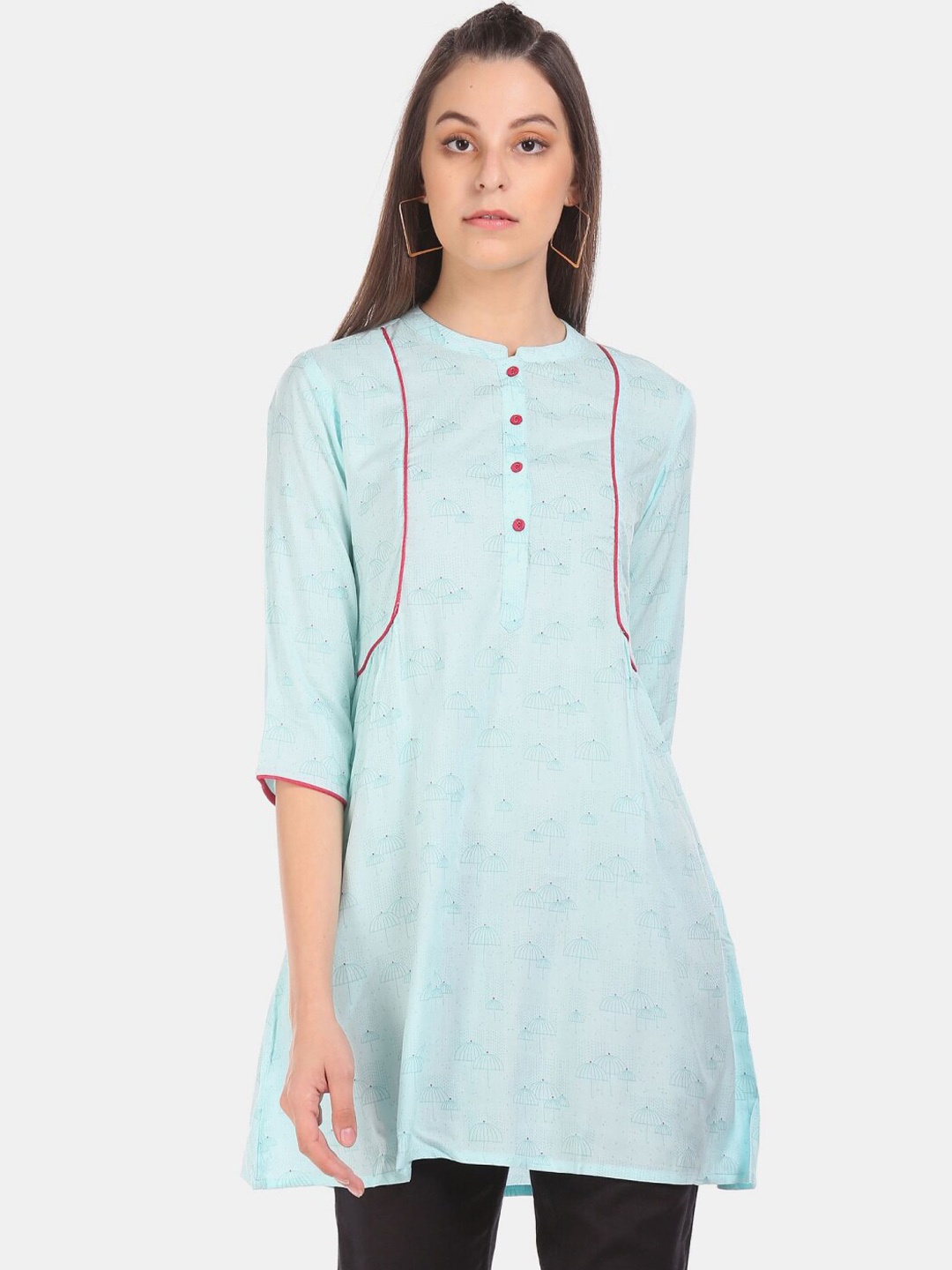 

V-Mart Manadrin Collar Ethnic Motifs Printed Kurti, Blue