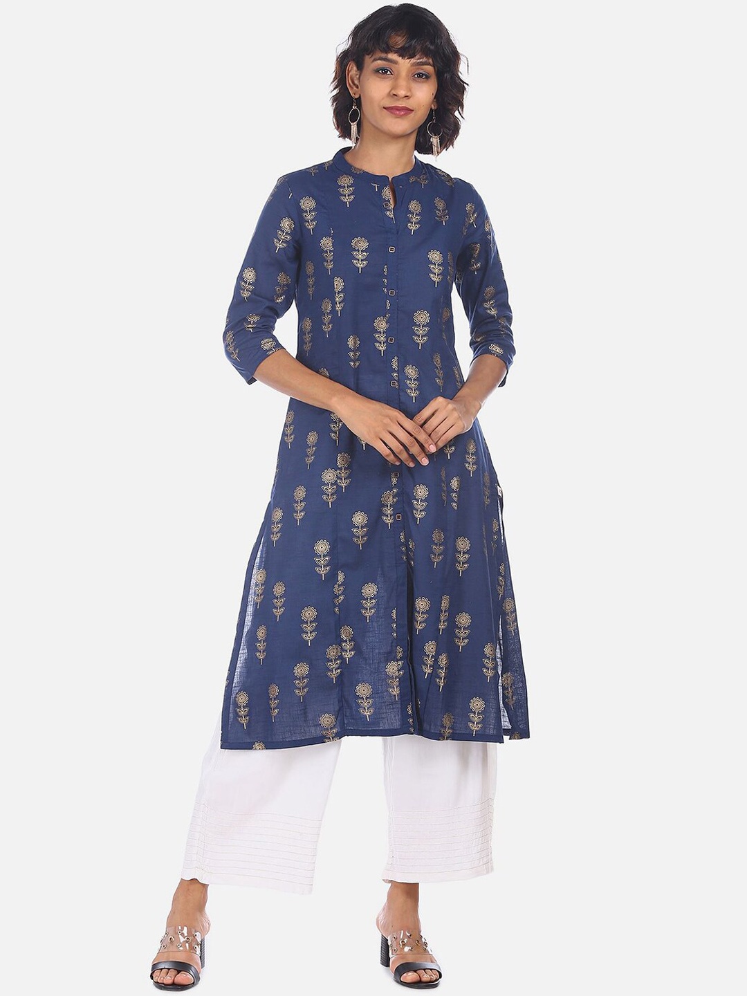 

V-Mart Floral Printed Mandarin Collar Cotton Kurta, Blue