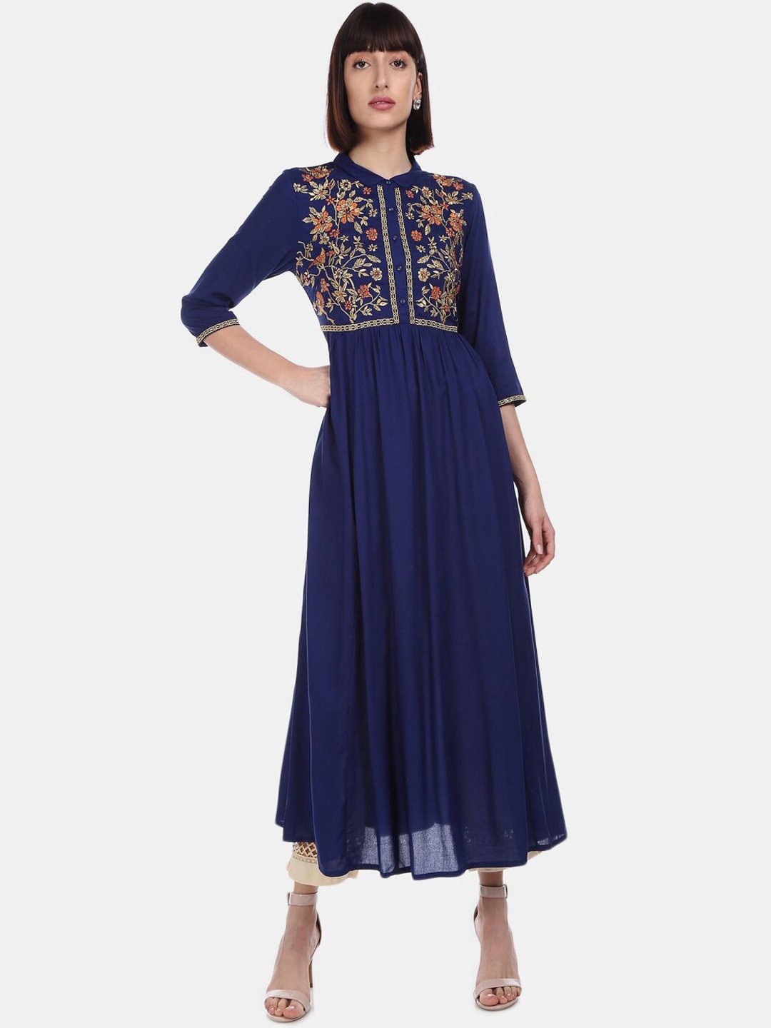

V-Mart Ethnic Motifs Embroidered Shirt Collar A-Line Kurta, Blue