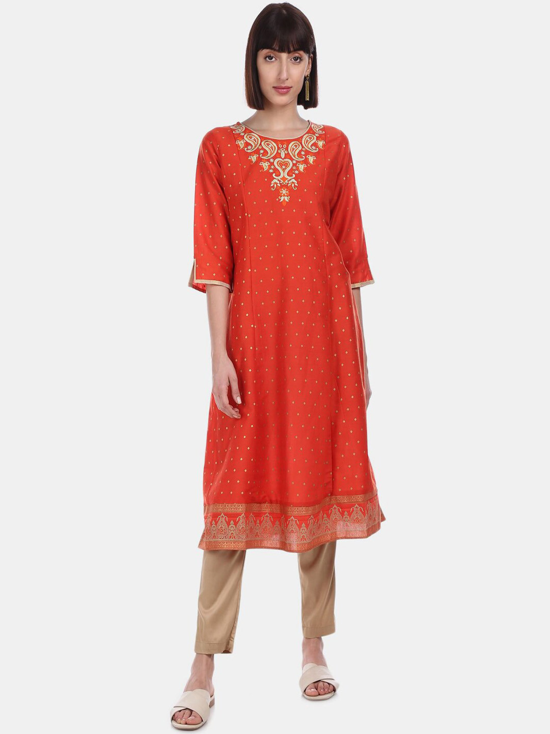 

V-Mart Geometric Printed Thread Work A-Line Kurta, Orange
