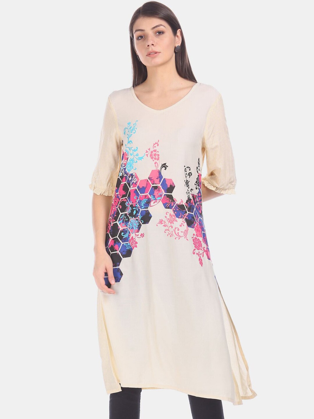 

V-Mart Floral Printed Straight Kurta, White