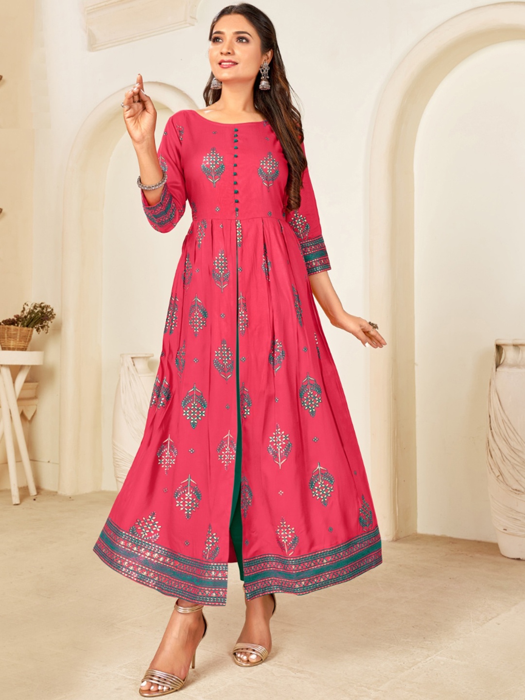 

Angroop Floral Printed Pleated A-Line Kurta, Pink