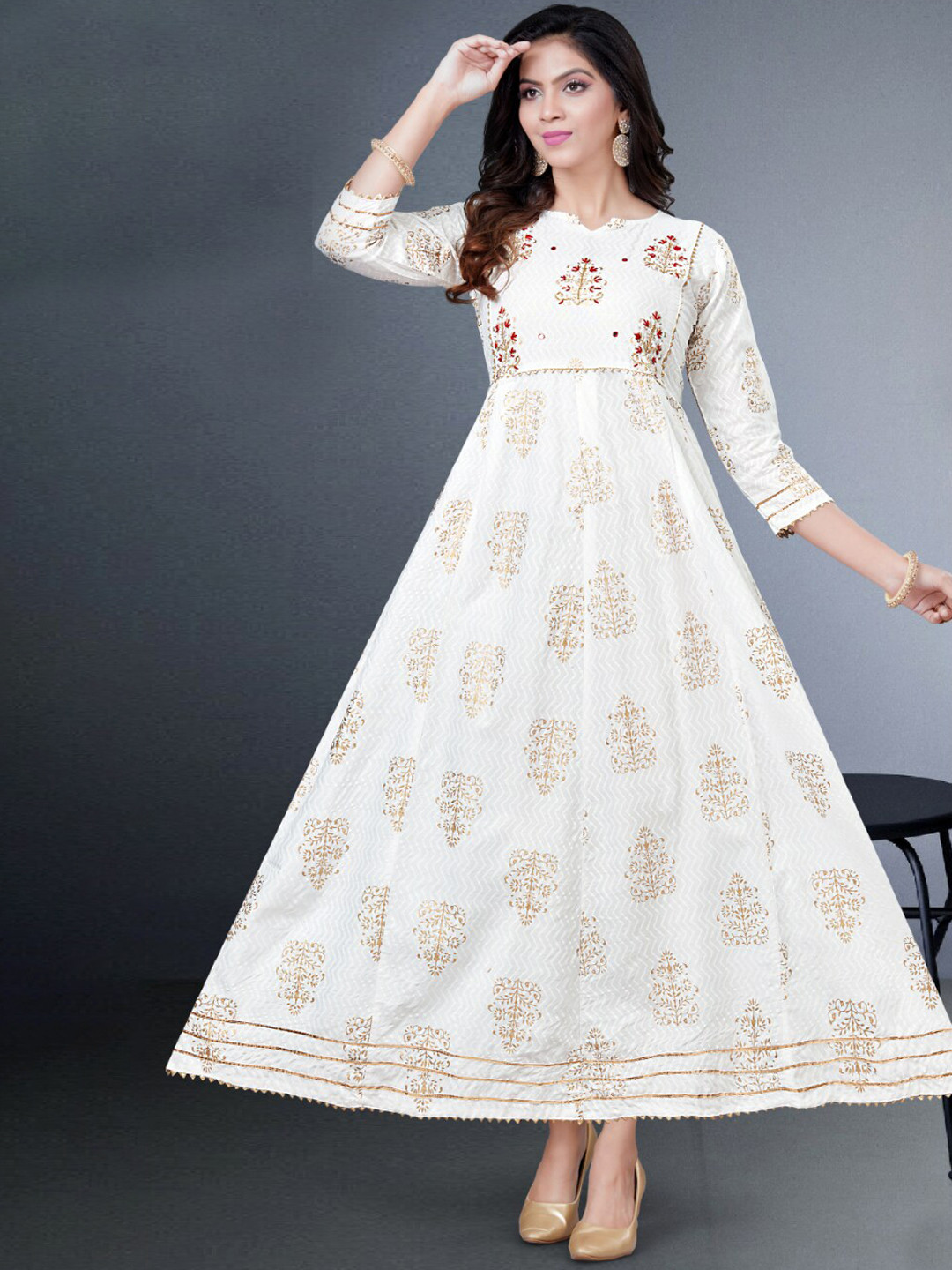 

Angroop Ethnic Motifs Printed Gota Patti Anarkali Kurta With Bandhani Dupatta, White