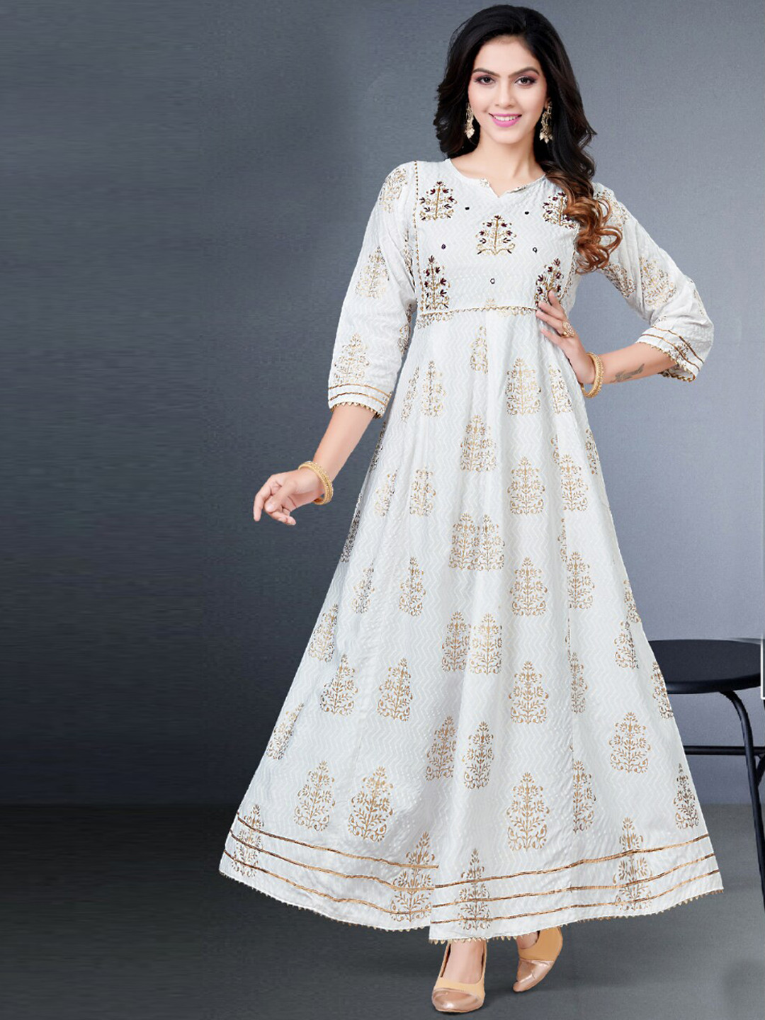 

Angroop Ethnic Motifs Printed Gota Patti Anarkali Kurta With Bandhani Dupatta, White